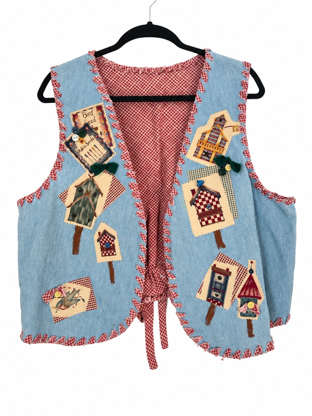 Handmade Denim Birdhouse Vest Women’s Cottagecore Folk Art Gingham Americana XL